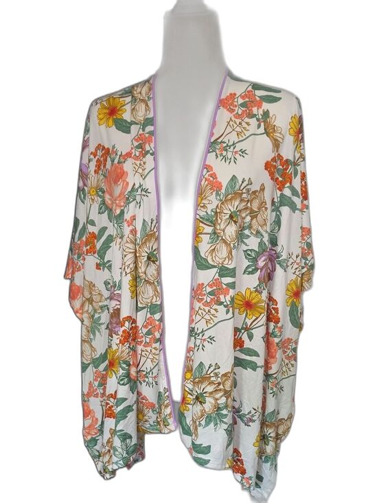 Wallpapher Tops - Wallpapher Floral Kimono Cardigan in White with Lavender Trim